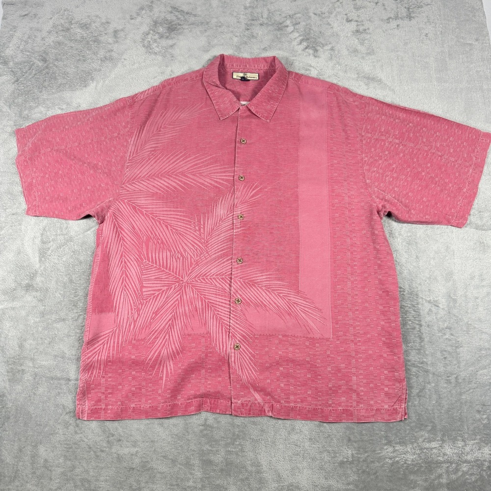 Tommy Bahama Mens XL Button Down Shirt Pink 100% Silk Palm Leaf Jacquard